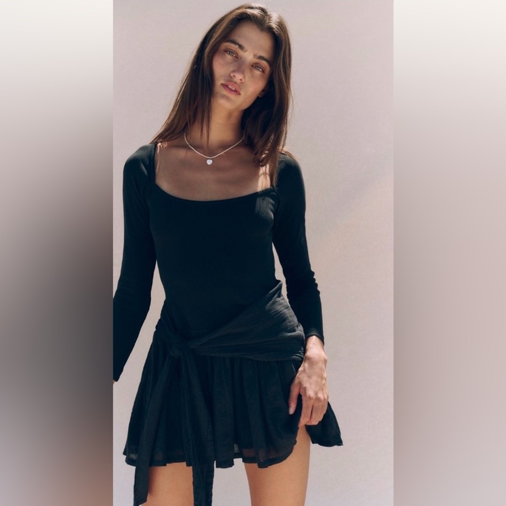 NWT Free People Black Long Sleeve Dress with Square Neckline, Fit/Flare